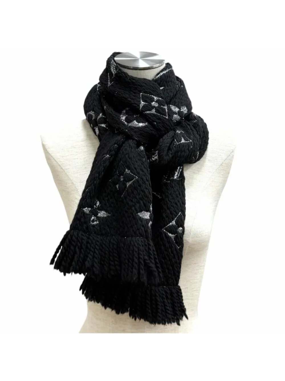 Louis Vuitton Logomania Scarf Shine Wool Silk Blend Black Silver